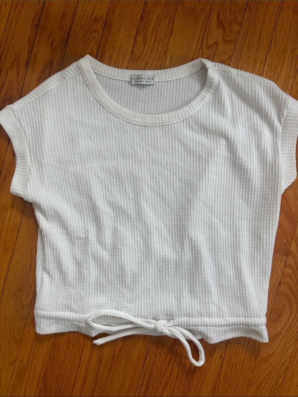 Paper Crane White Waffle Knit Drawstring Crop Top